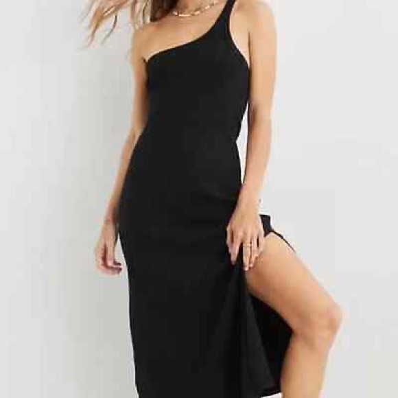 Aerie One Shoulder Black Ribbed Midi Dress Size Medium Nwt